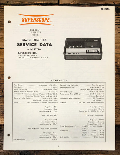 Superscope CD-301A CD-301 A Cassette Service Manual *Original*
