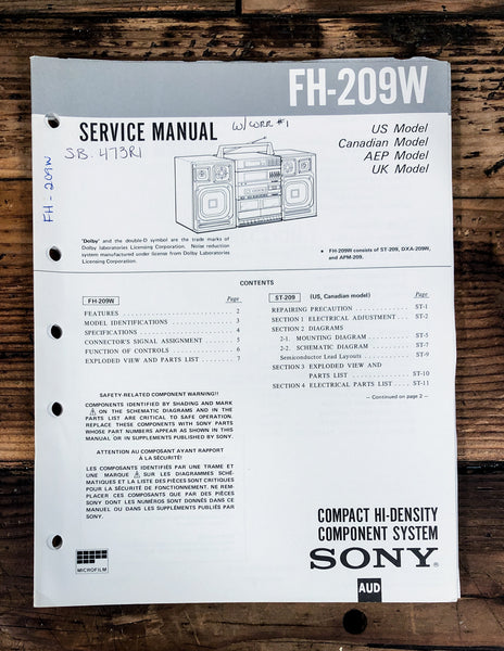 Sony FH-209W Stereo / Boombox  Service Manual *Original*