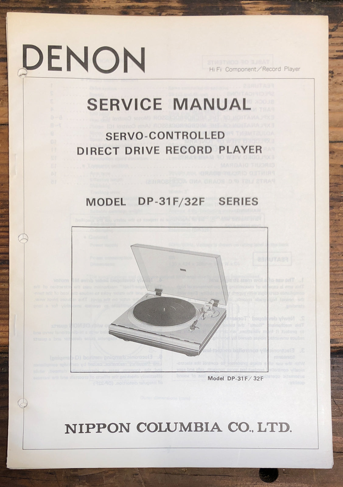 Denon DP-31F DP-32F Record Player / Turntable  Service Manual *Original*