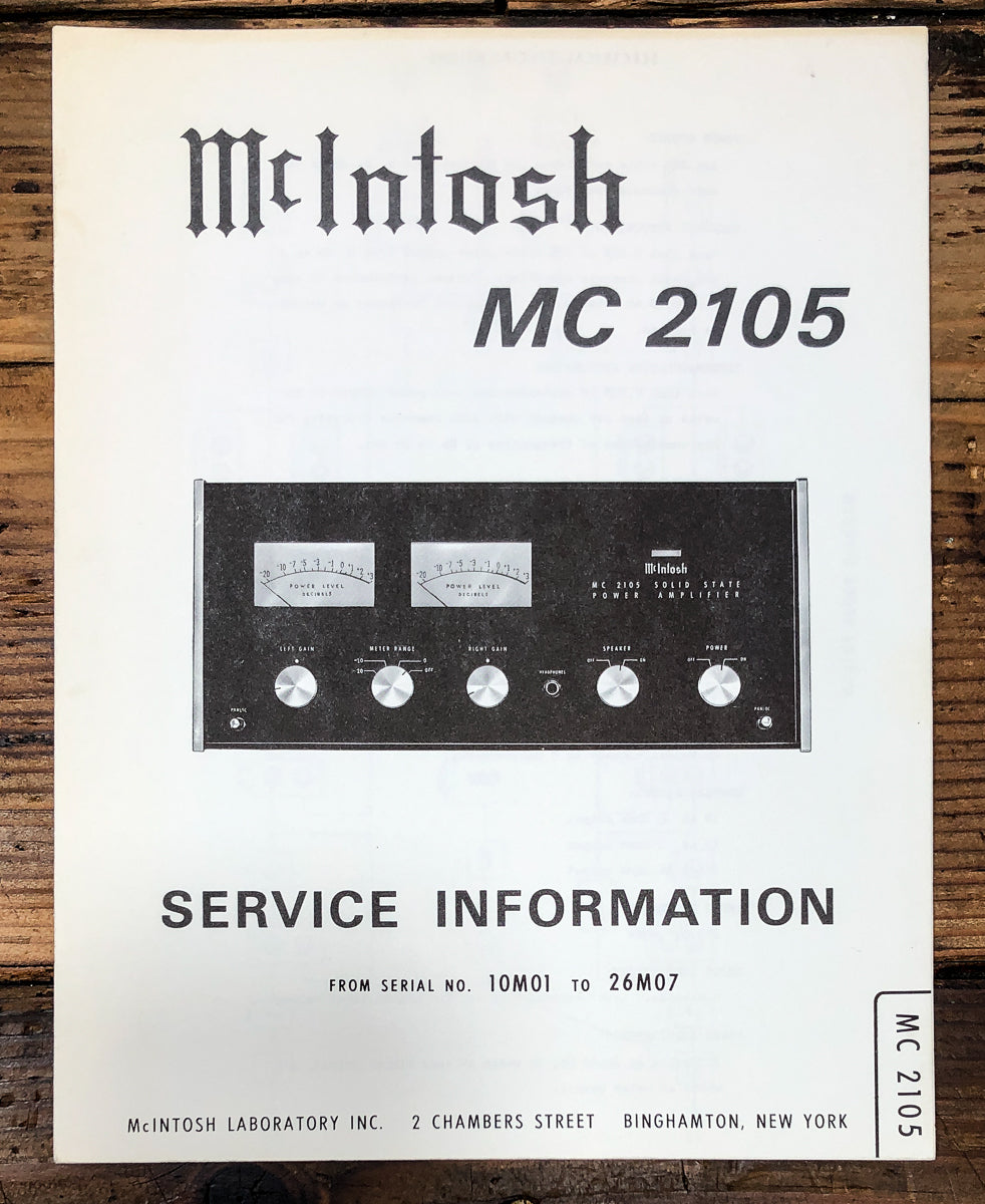 McIntosh MC-2105 MC2105 Amplifier 10M01 to 26M07 Service Manual *Original*