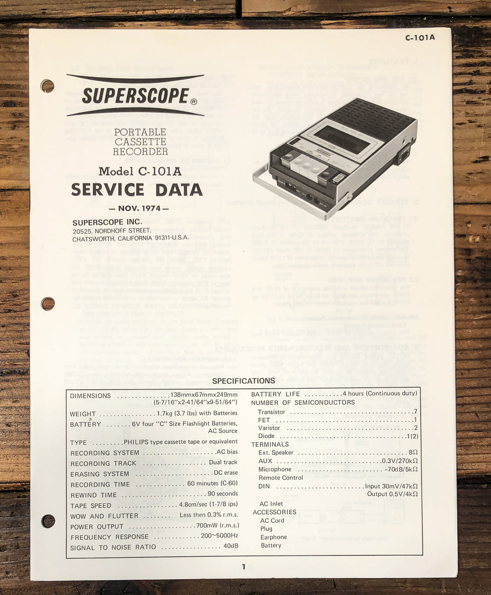 Superscope C-101A C-101 A Cassette Addendum Service Manual *Original*