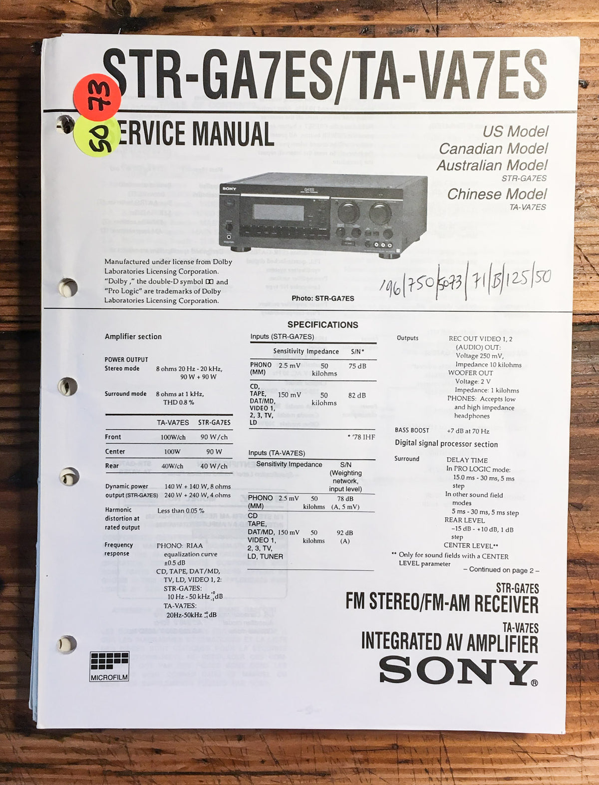 Sony STR-GA7ES TA-VA7ES Receiver  Service Manual *Original*