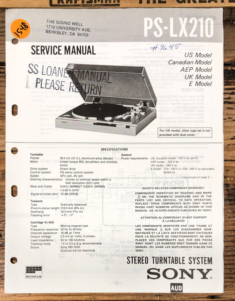 Sony PS-LX210 Record Player / Turntable  Service Manual *Original*