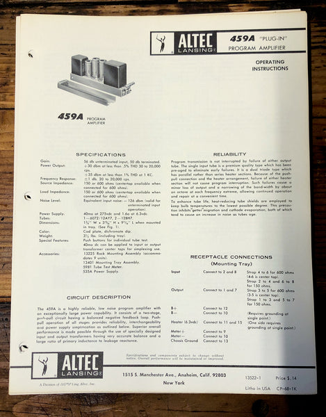 Altec Model 459A Amplifier  Owners Manual & Schematic *Orig*