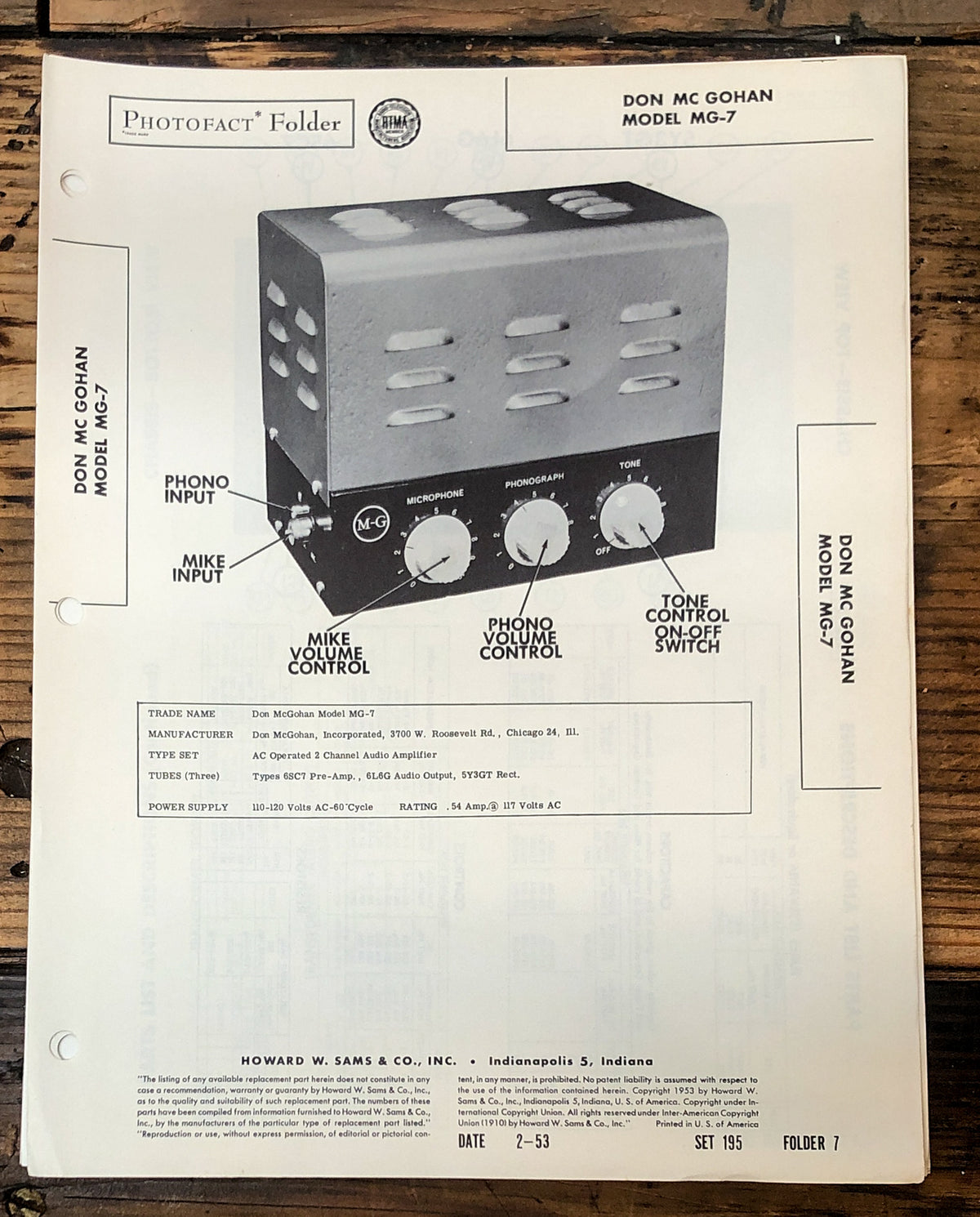 Don McGohan MG-7 Amplifier Sams Photofact Service Manual *Original*