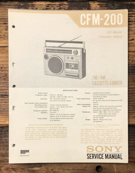 Sony CFM-200 Radio Cassette  Service Manual *Original*