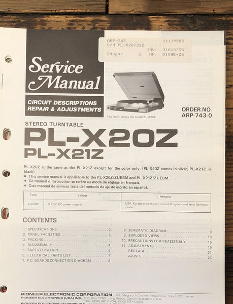 Pioneer PL-X20Z PL-X21Z Record Player / Turntable  Service Manual *Original*