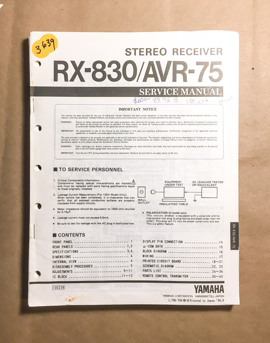 Yamaha RX-830 AVR-75 Receiver  Service Manual *Original*
