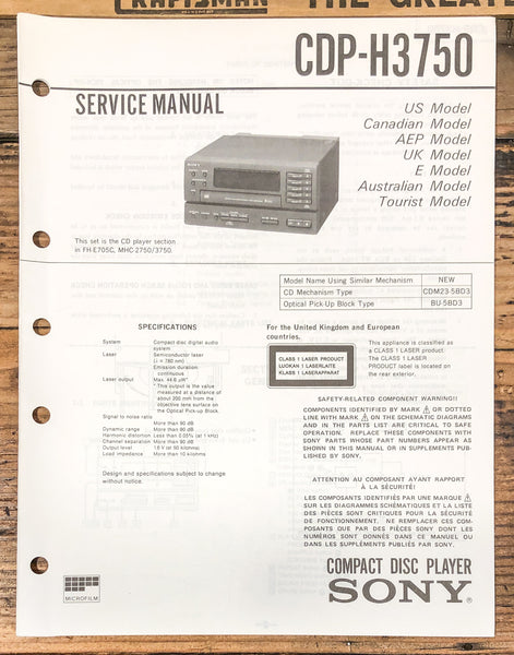 Sony CDP-H3750 CD Player  Service Manual *Original*
