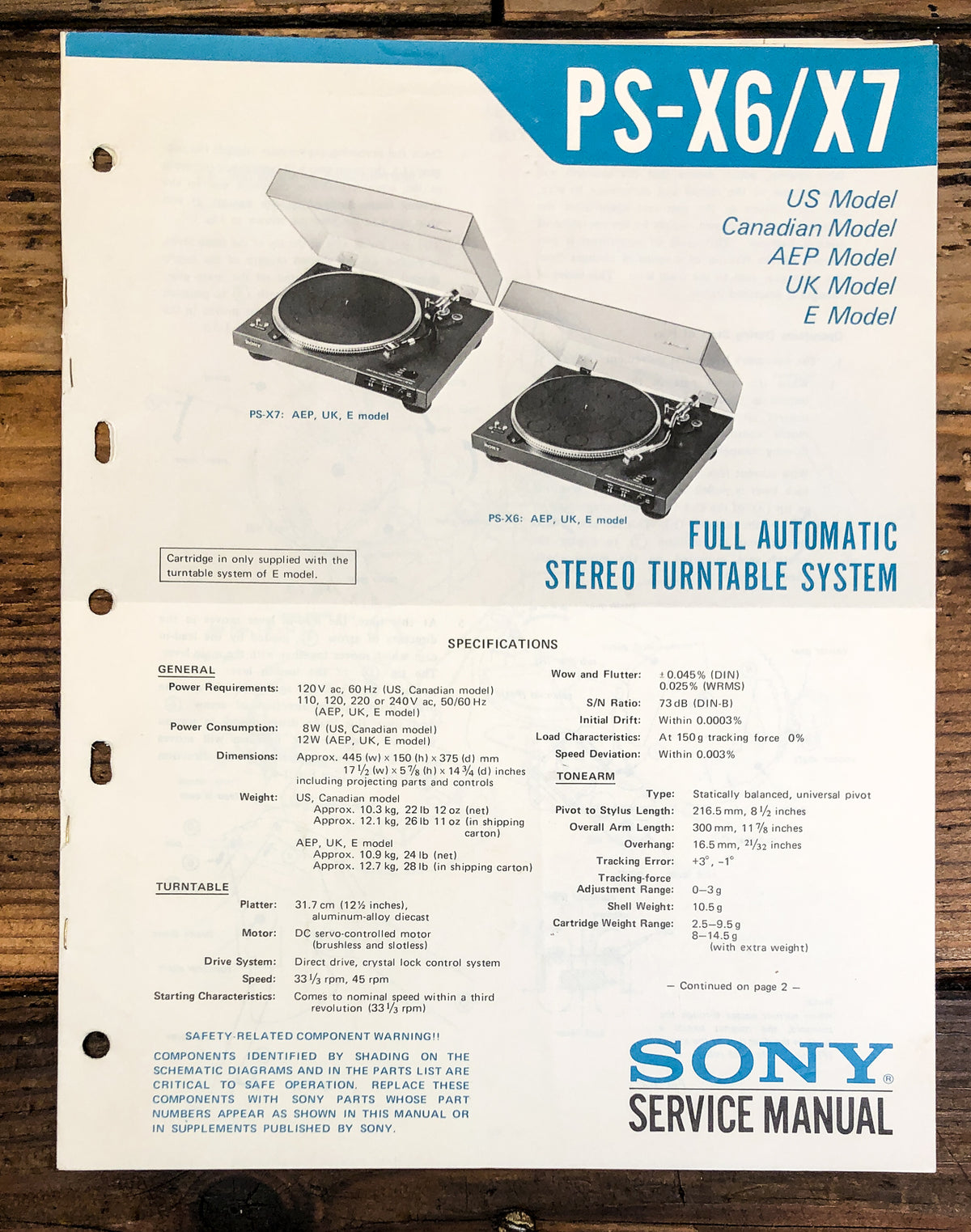 Sony PS-X6 PS-X7 Record Player / Turntable Service Manual *Original*