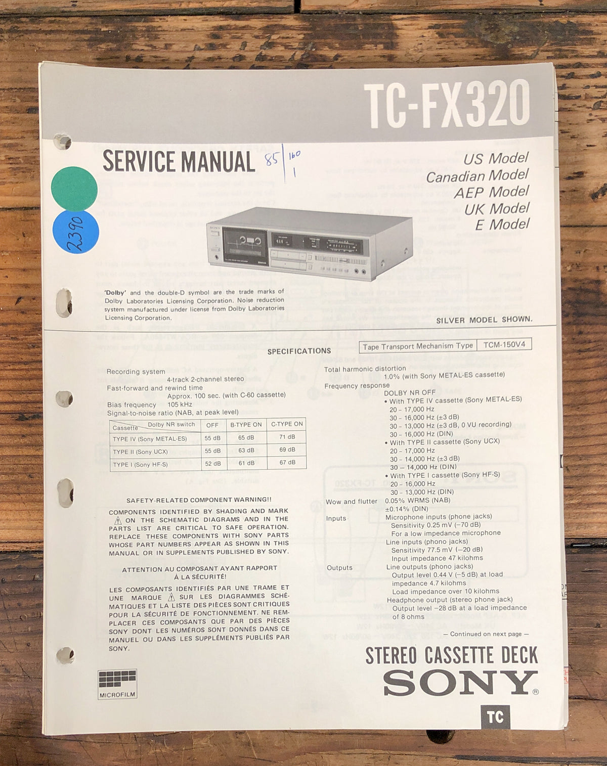 Sony TC-FX320 Cassette  Service Manual *Original*