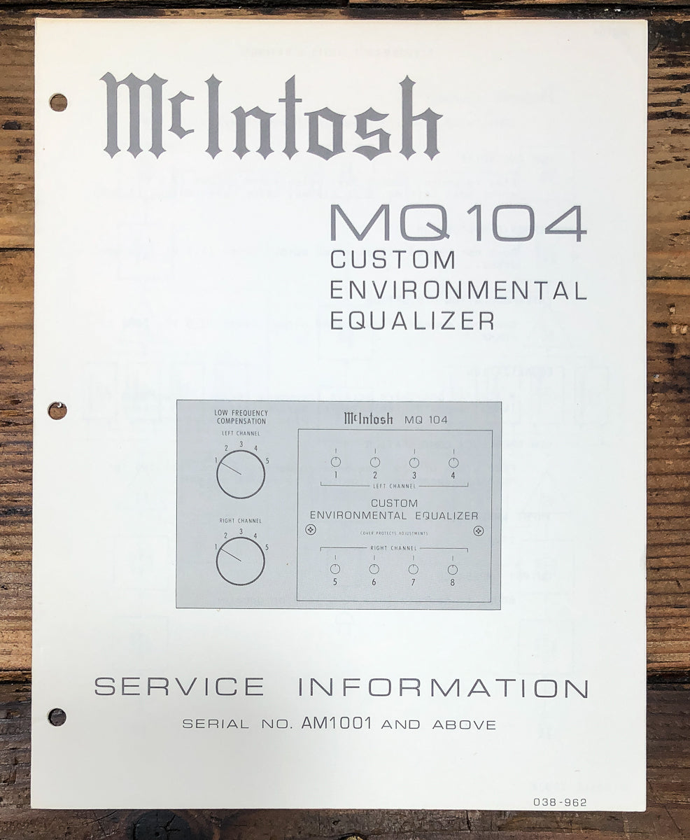 McIntosh MQ-104 MQ104 Equalizer AM1001+ Service Manual *Original*