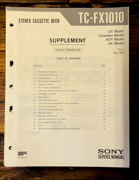 Sony TC-FX1010 Cassette Supp. Service Manual *Original*