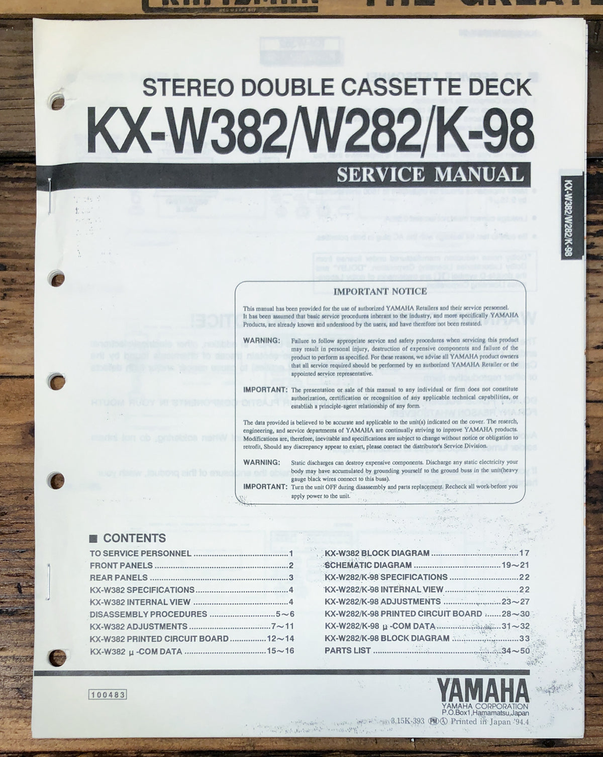 Yamaha KX-W382 -W282 K-98 Cassette  Service Manual *Original*