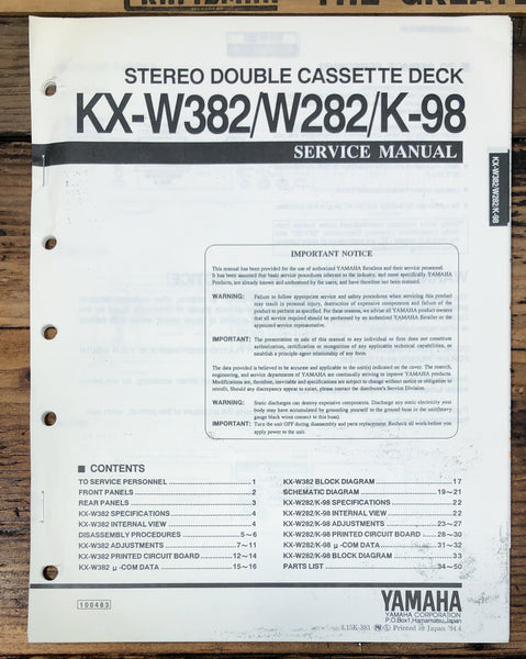 Yamaha KX-W382 -W282 K-98 Cassette  Service Manual *Original*