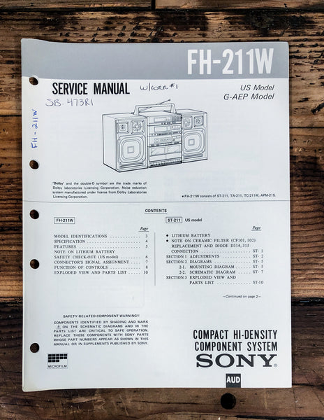 Sony FH-211W Stereo / Boombox  Service Manual *Original*