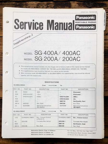 Technics SG-400A SG-200A Record Player / Turntable Supp. Service Manual *Orig*