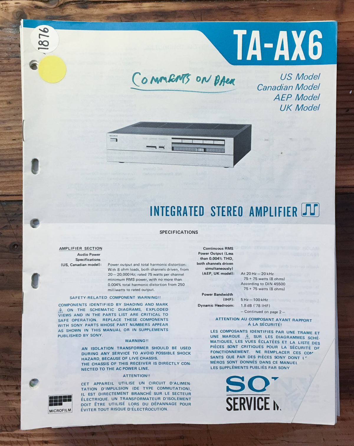 Sony TA-AX6 Amplifier  Service Manual *Original*