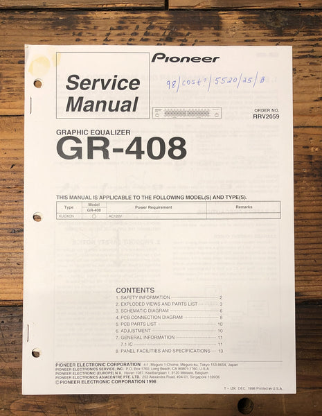 Pioneer GR-408 Equalizer  Service Manual *Original*