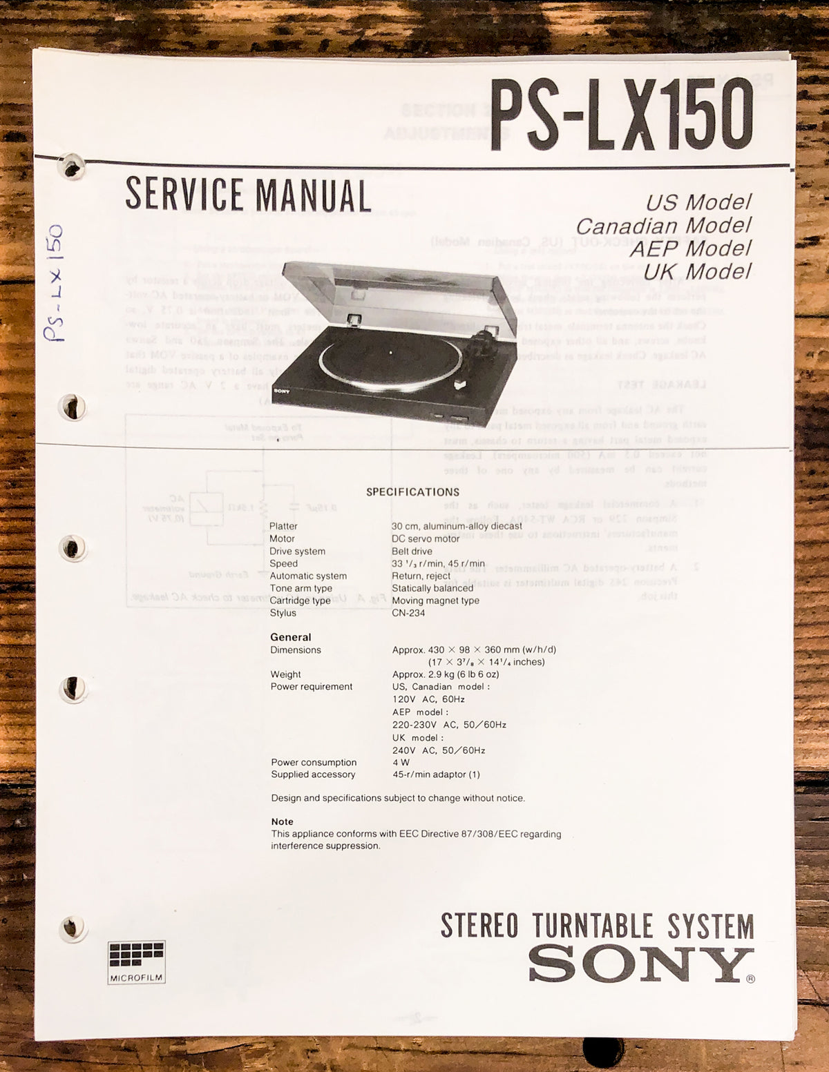 Sony PS-LX150 Record Player / Turntable  Service Manual *Original*