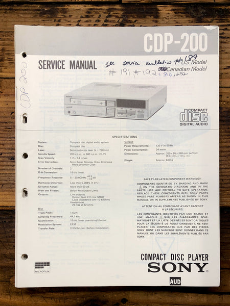 Sony CDP-200 CD Player  Service Manual *Original*