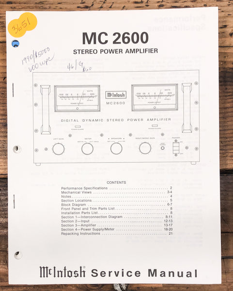 McIntosh MC2600 MC-2600 Amplifier  Service Manual *Original*