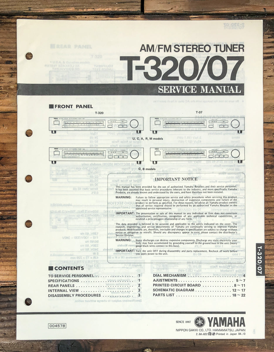 Yamaha T-320 T-07 Tuner Service Manual *Original*