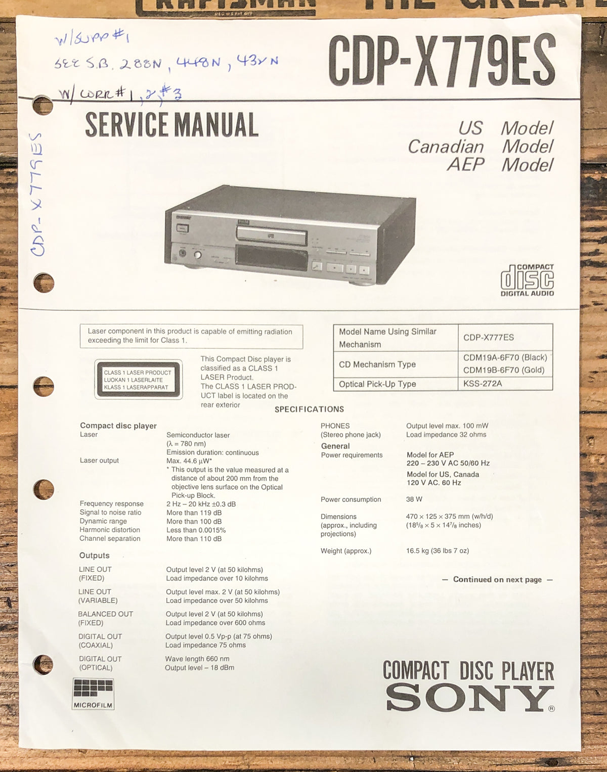 Sony CDP-X779ES CD Player  Service Manual *Original*