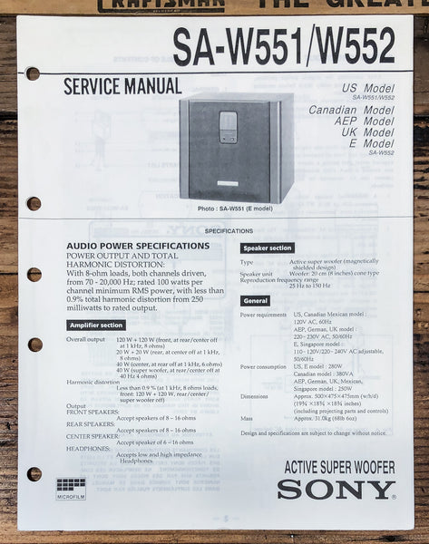 Sony SA-W551 SA-W552 Super Woofer  Service Manual *Original*
