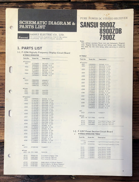 Sansui 9900Z 8900ZDB 7900Z Receiver Schematic Diagram & Parts List  *Original*