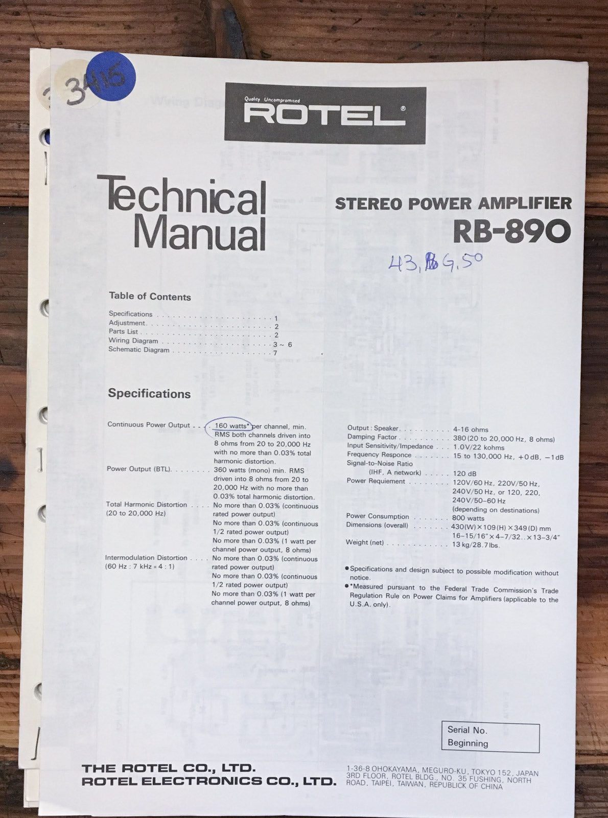 Rotel RB-890 Amplifier  Service Manual *Original*