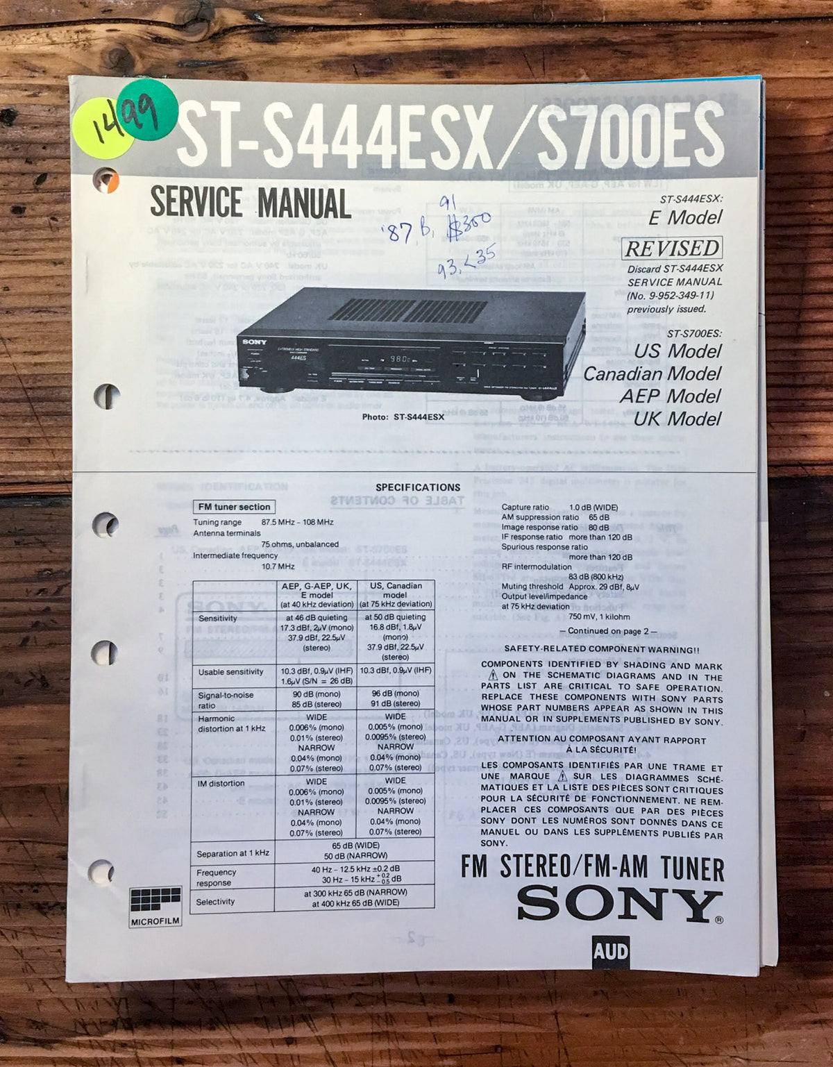 Sony ST-S444ESX ST-S700ES Tuner  Service Manual *Original*