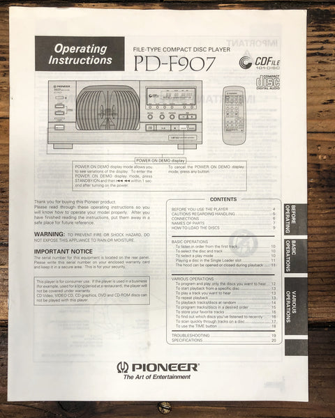 Pioneer PD-F907 CD Player Owners / User Manual *Original*