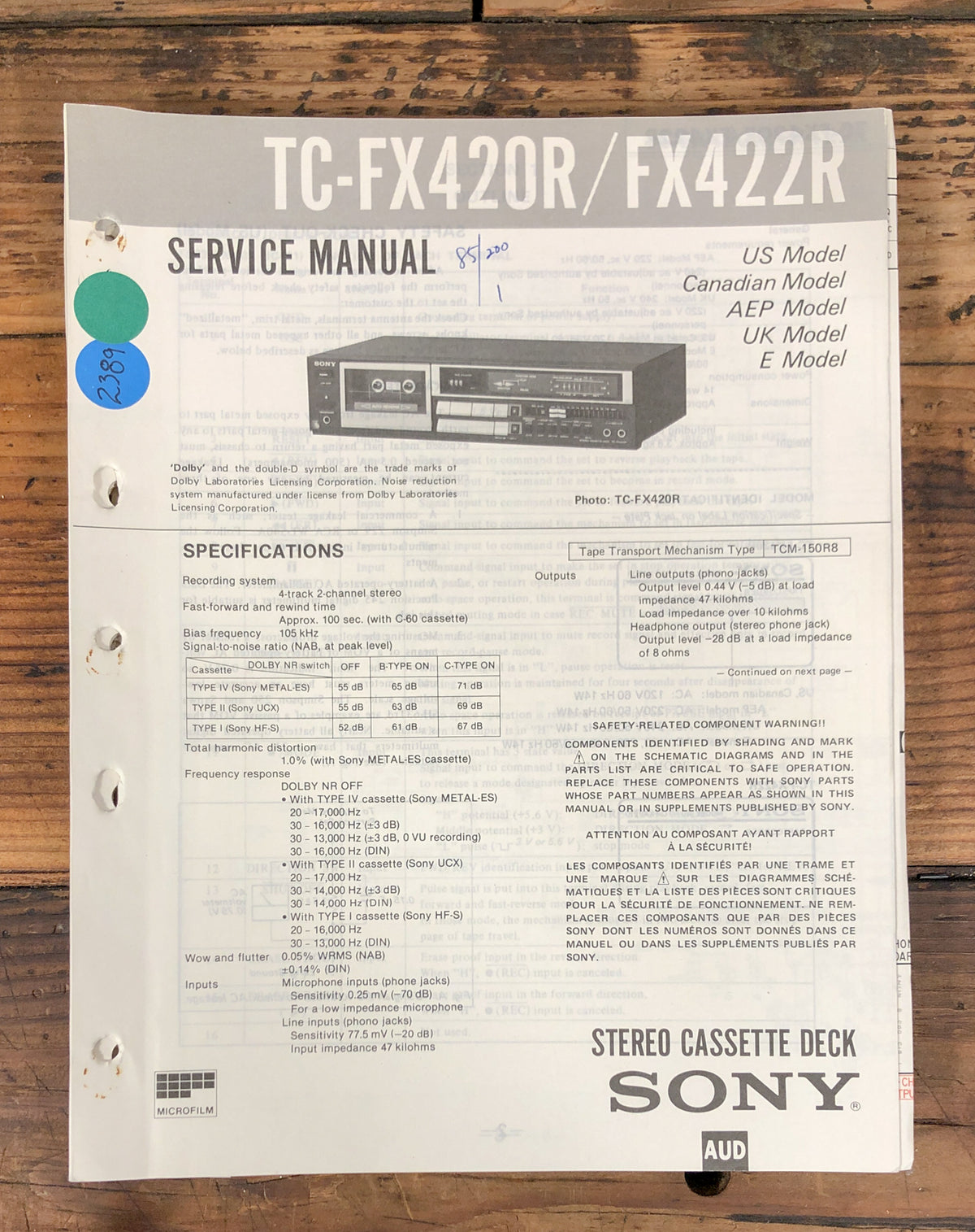 Sony TC-FX420R TC-FX422R Cassette  Service Manual *Original*