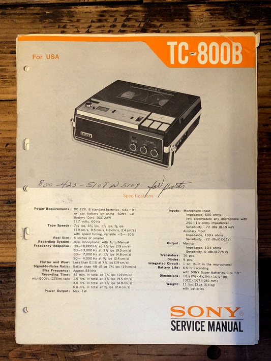 Sony TC-800B Tape Recorder  Service Manual *Original*