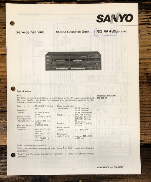 Sanyo RD W489 RD-W489 Cassette Service Manual *Original*