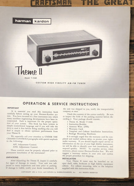 Harman Kardon Model T-1040 Theme II Tuner Owner &  Service Manual *Original*