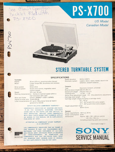 Sony PS-X700 Record Player / Turntable  Service Manual *Original*