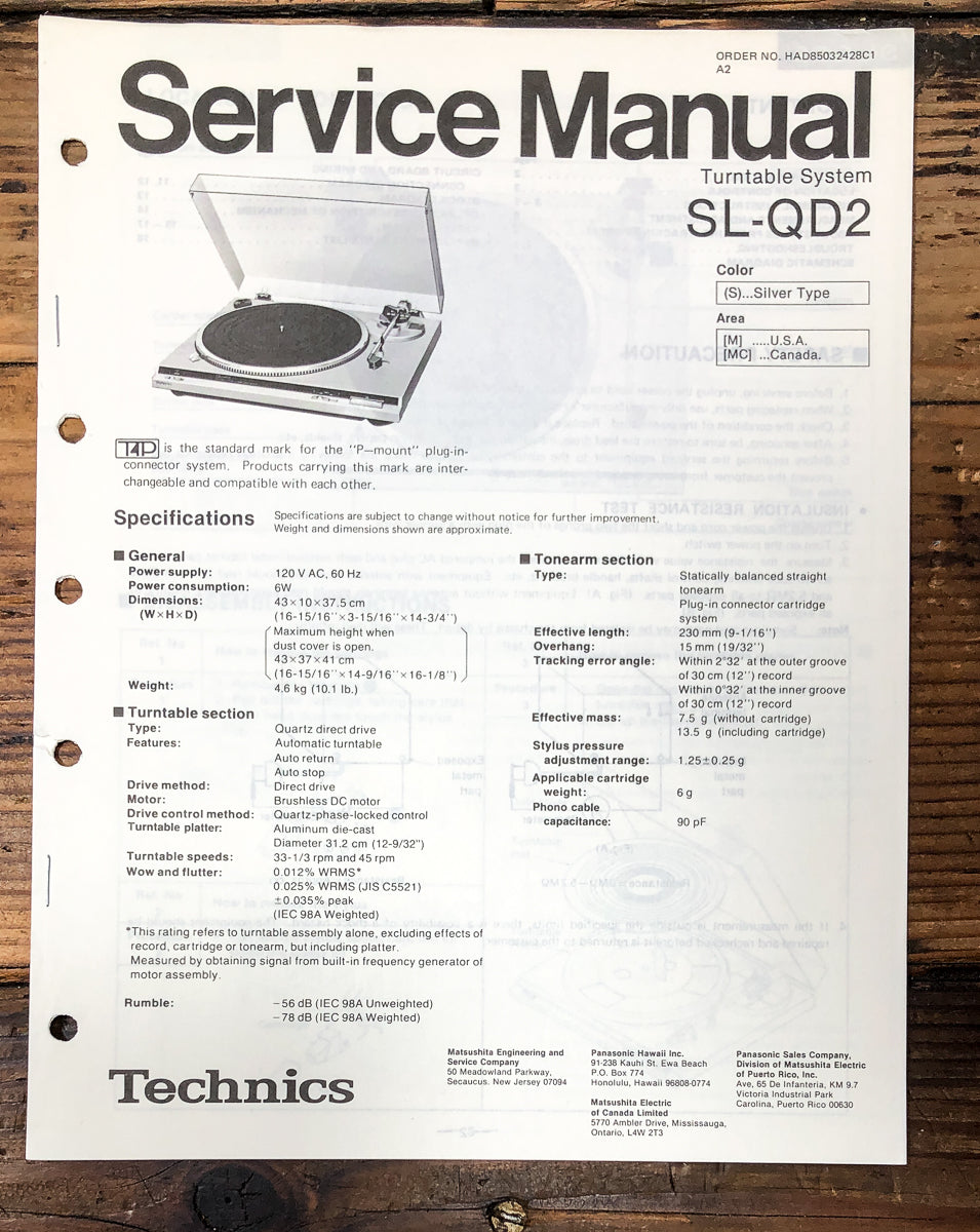 Technics SL-QD2 Record Player / Turntable Service Manual *Original*