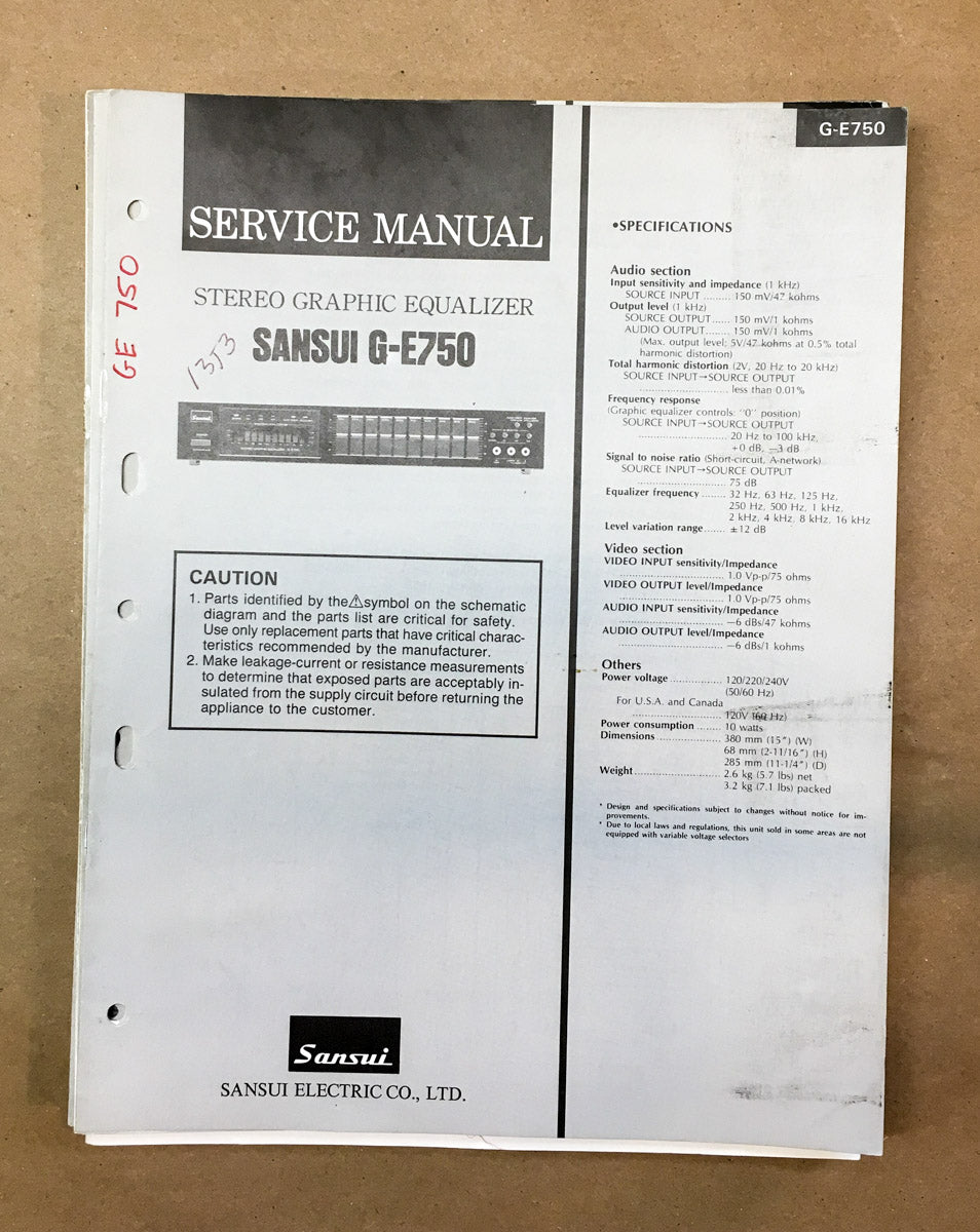 Sansui G-E750 Equalizer  Service Manual *Original*