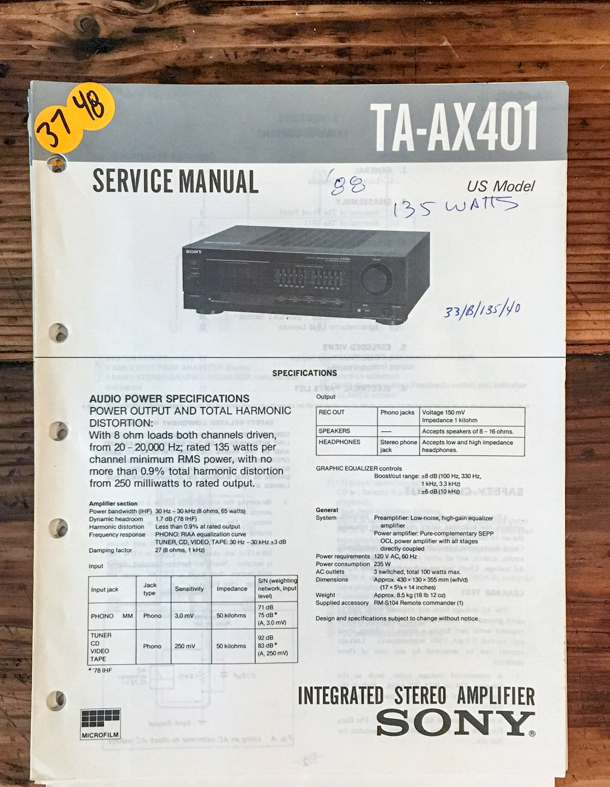 Sony TA-AX401 Amplifier  Service Manual *Original*