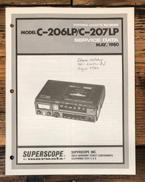 Superscope C-206 LP C-207 LP Portable Cassette Service Manual *Original*