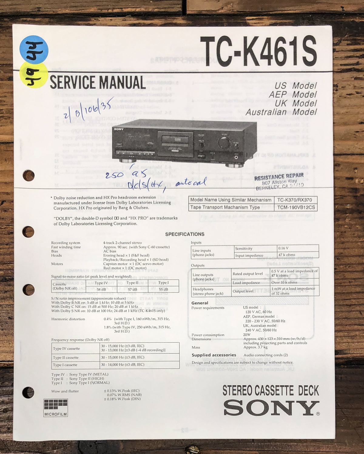 Sony TC-K461S Cassette Service Manual *Original*