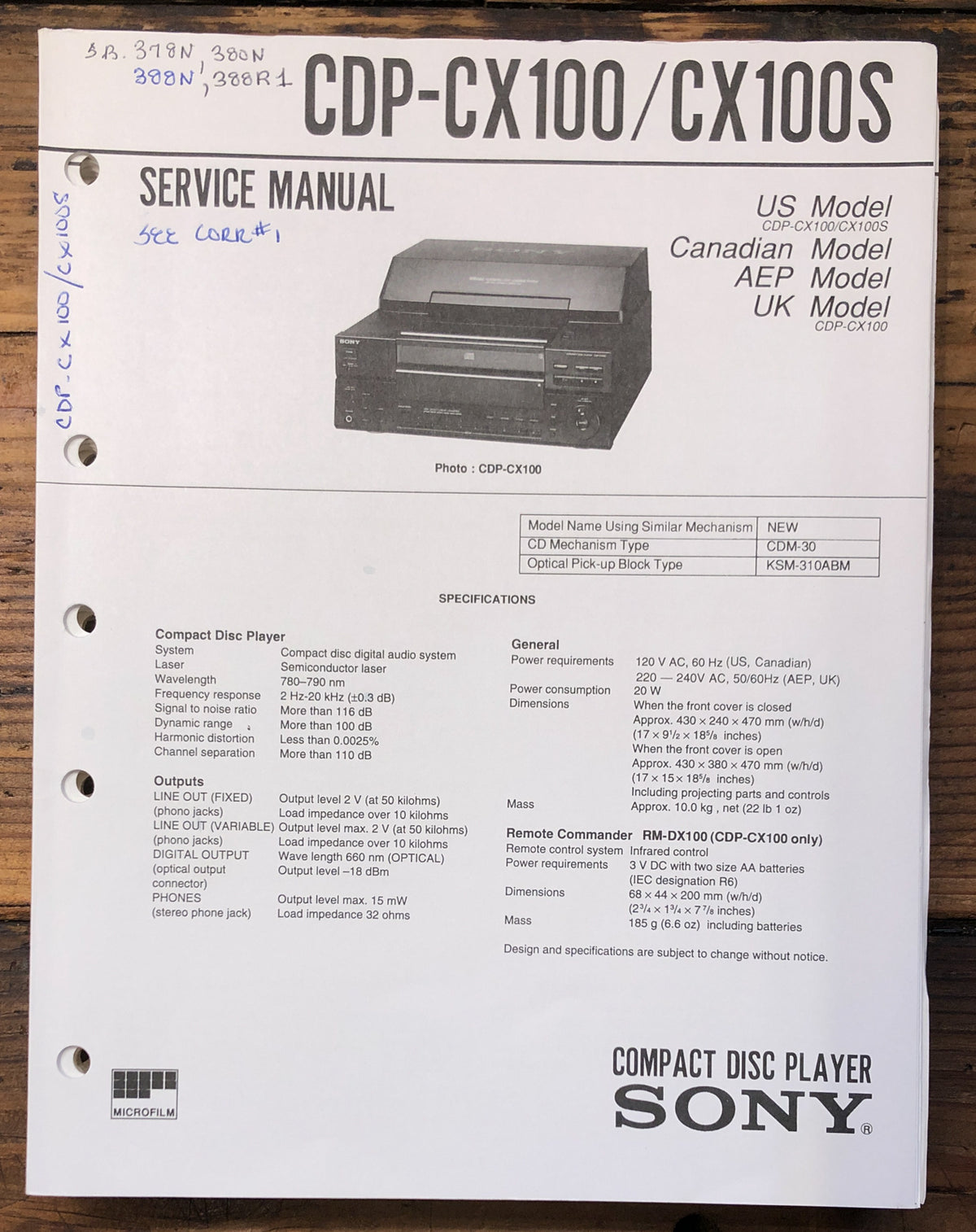 Sony CDP-CX100 CDP-CX100S CD Player  Service Manual *Original*
