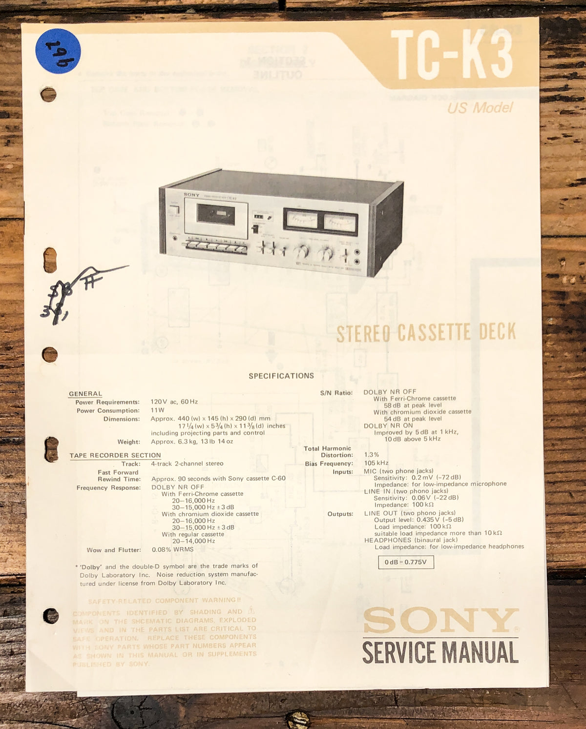 Sony TC-K3 Cassette Service Manual *Original*