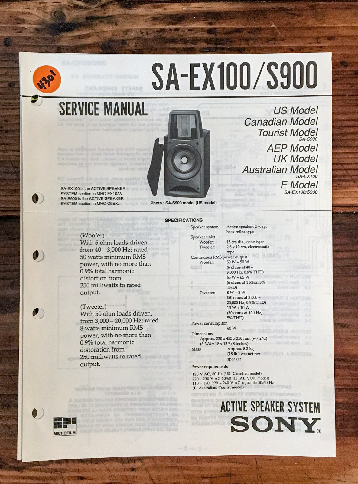 Sony SA-EX100 SA-S900 Speaker  Service Manual *Original*