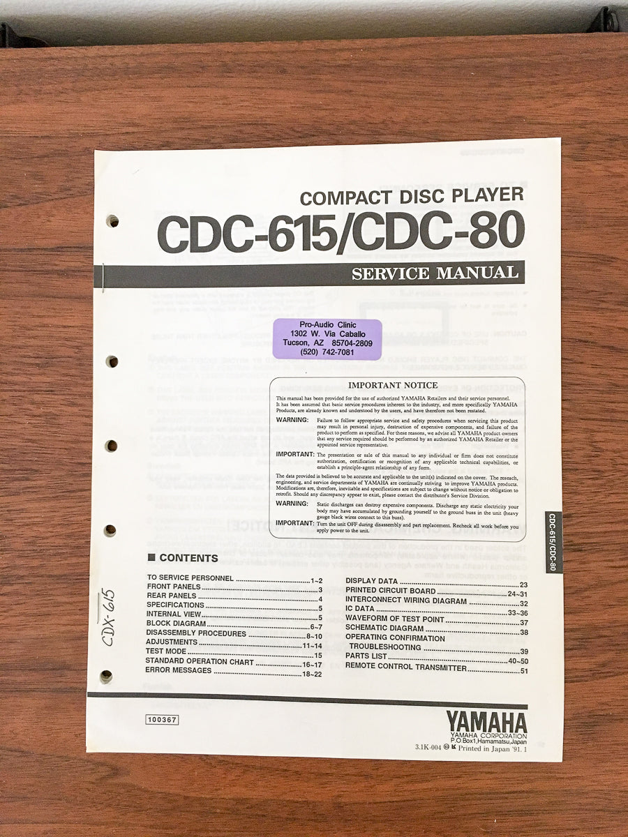 Yamaha CDC-615 CDC-80 CD Player Service Manual *Original*