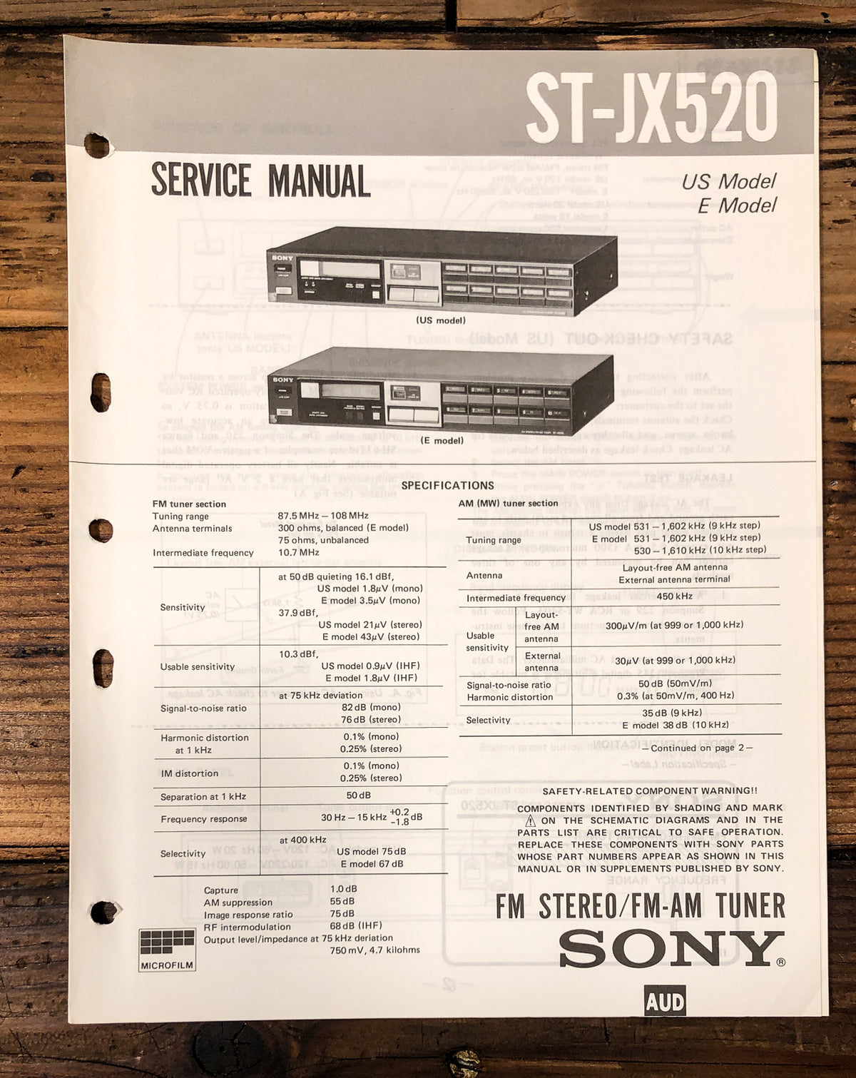 Sony ST-JX520 Tuner Service Manual *Original*