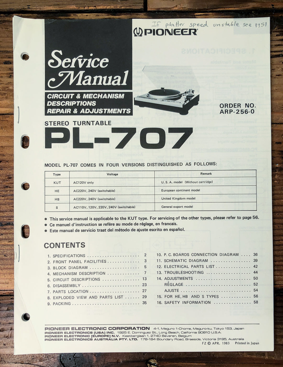 Pioneer PL-707 Turntable Service Manual *Original*