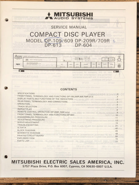 Mitsubishi DP-109 -209R -604 -613 CD Player  Service Manual *Original*